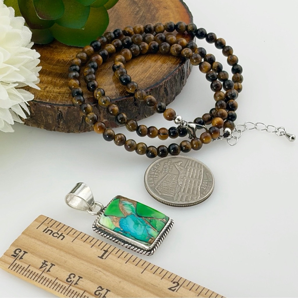 Sterling Silver 925 Peacock Dahlia Turquoise Pendant Tiger Eye Necklace - Picture 5 of 7